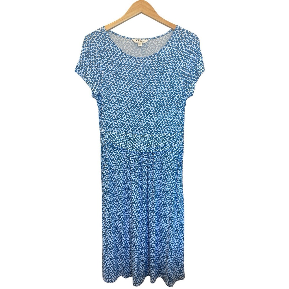 Boden Amelia Jersey Fit/Flare Dress US 8L Blue Floral Knee Length Pockets J0326